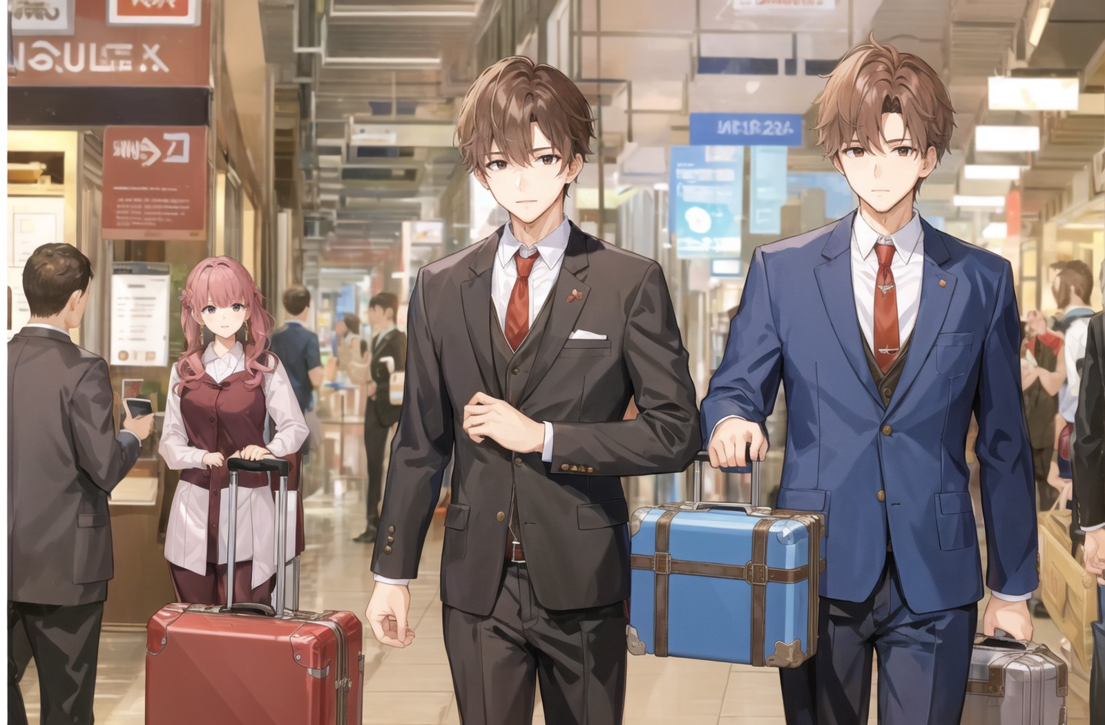 <lora:SOVArtstyle:1>, sov, 1boy, facial hair, suit, suitcase, red tie, subway background